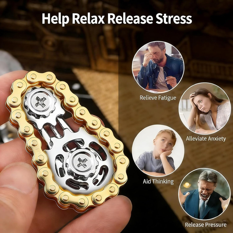 Jucarie antistres aurie 6 x 3.5 cm, fidget metalic cu lant tip bicicleta si mecanism rotativ, accesoriu compact pentru relaxare si dexteritate [4]
