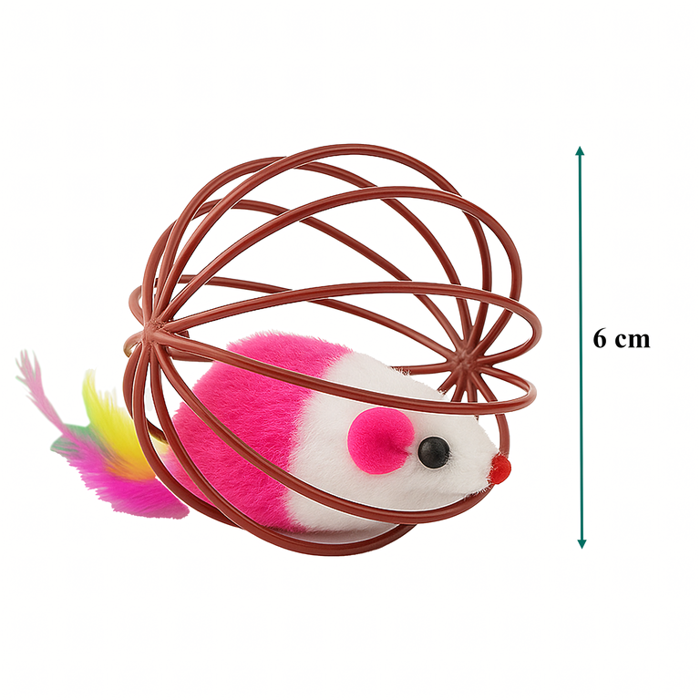 Jucarie interactiva pentru pisici multicolor, 6 cm, soricel cu pene in bila tip cusca, pentru joaca, miscare si stimularea instinctului de vanatoare [7]