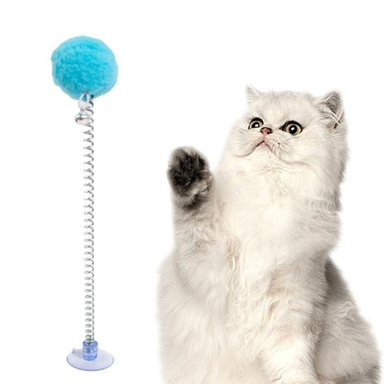 Jucarie interactiva pentru pisici, ventuza, minge din plus, cu clopotel, arc flexibil, 23 cm, albastru [6]
