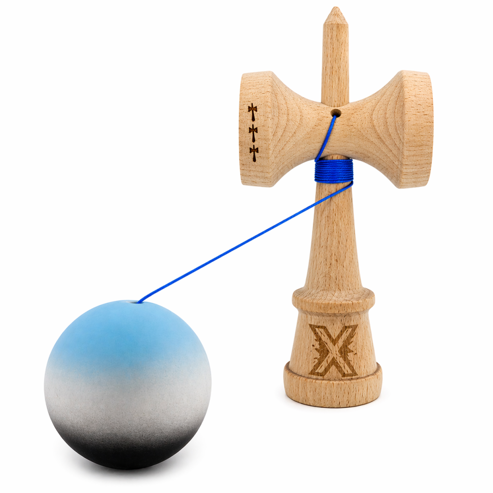 Kendama din lemn profesionala 18 cm, bila rubber grip, joc coordonare si antistres, copii si adulti, albastru gri negru [6]
