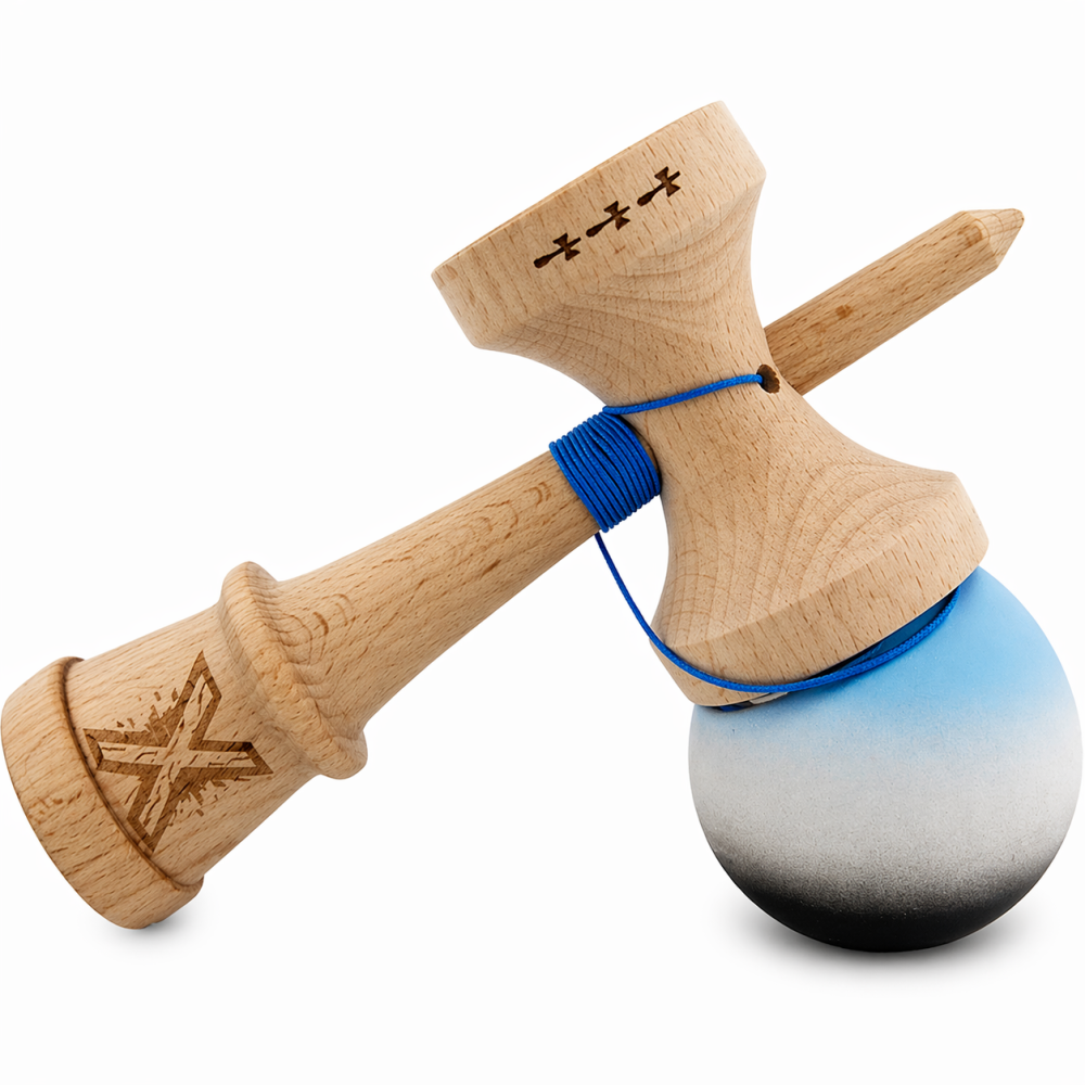 Kendama din lemn profesionala 18 cm, bila rubber grip, joc coordonare si antistres, copii si adulti, albastru gri negru [2]