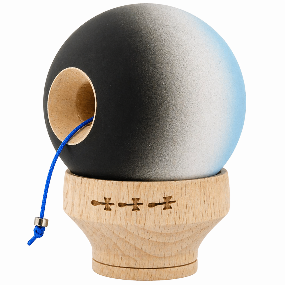 Kendama din lemn profesionala 18 cm, bila rubber grip, joc coordonare si antistres, copii si adulti, albastru gri negru [3]
