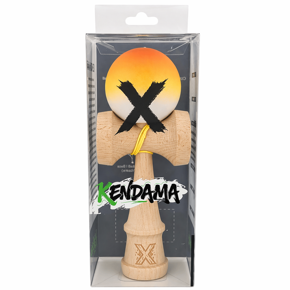 Kendama din lemn profesionala 18 cm, bila rubber grip, joc coordonare si antistres, copii si adulti, portocaliu galben alb [3]