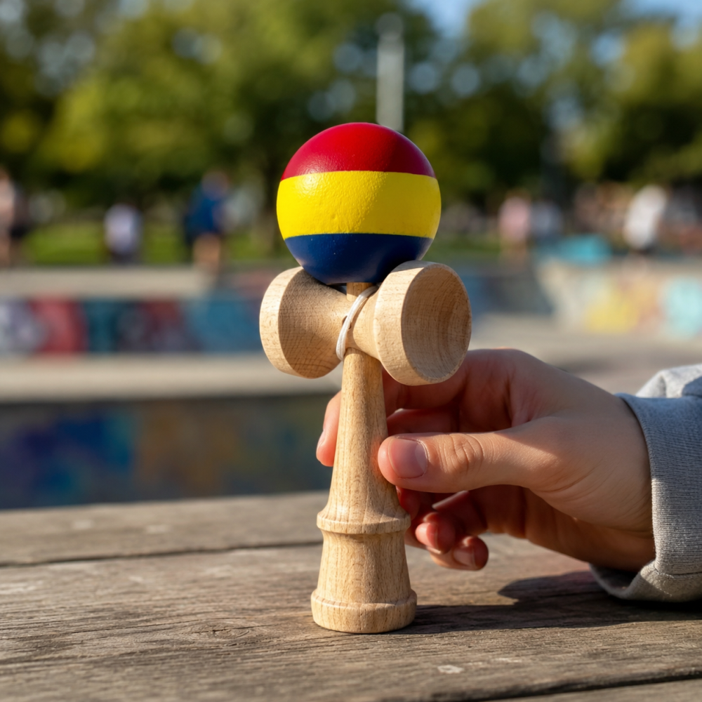 Kendama profesionala din lemn cu rubber grip, joc de indemanare si coordonare, 18 cm, model tricolor rosu galben albastru, pentru antrenament si freestyle [2]