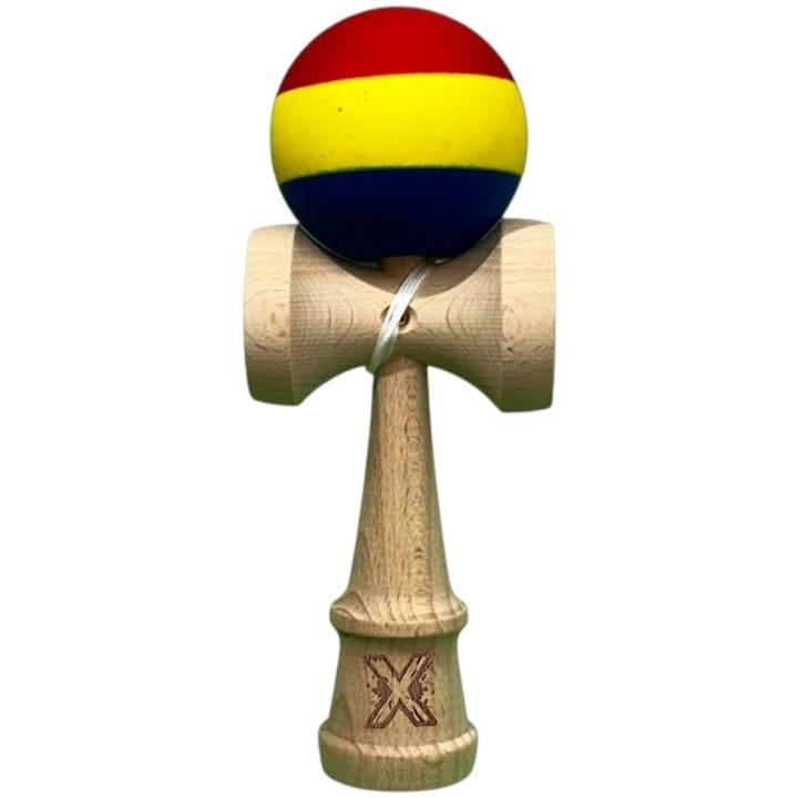 Kendama profesionala din lemn cu rubber grip, joc de indemanare si coordonare, 18 cm, model tricolor rosu galben albastru, pentru antrenament si freestyle [3]