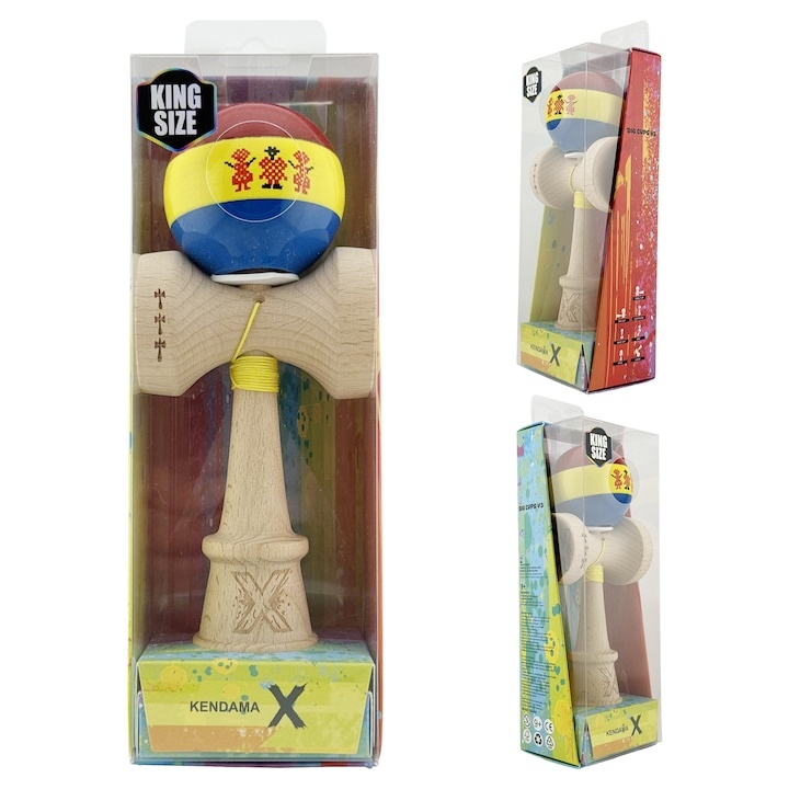 Kendama profesionala din lemn cu rulment metalic, editie Stil Romanesc tricolor, finisaj Super Sticky, cupe mari King Size V3, 18 cm, multicolor [2]