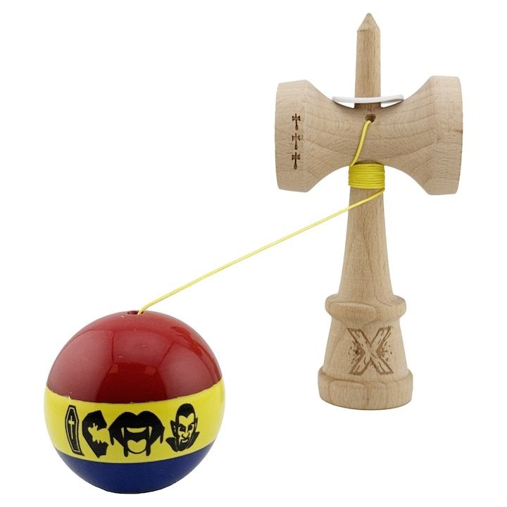 Kendama profesionala din lemn cu rulment metalic, model Dracula tricolor, finisaj Super Sticky, cupe mari King Size V3, 18 cm, multicolor [1]
