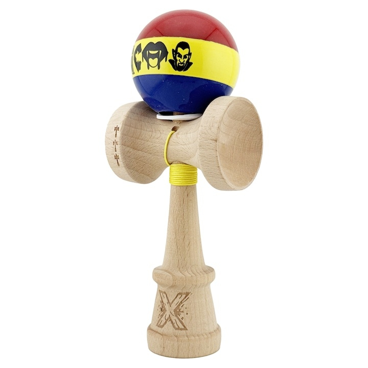 Kendama profesionala din lemn cu rulment metalic, model Dracula tricolor, finisaj Super Sticky, cupe mari King Size V3, 18 cm, multicolor [6]