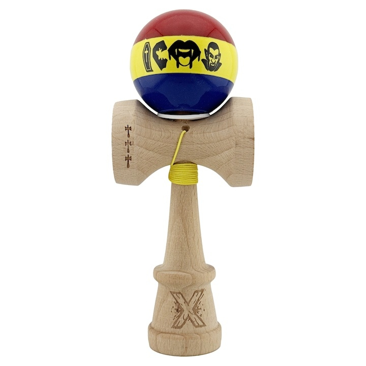 Kendama profesionala din lemn cu rulment metalic, model Dracula tricolor, finisaj Super Sticky, cupe mari King Size V3, 18 cm, multicolor [5]