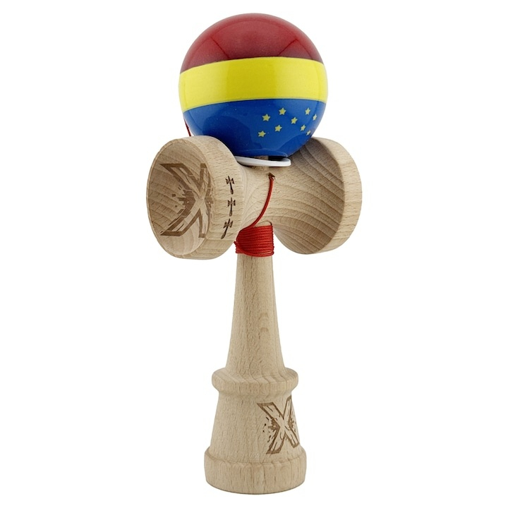Kendama profesionala din lemn, editie Tricolor si UE, Super Sticky, cupe mari King Size V3, rulment metalic, gaura in baza, 18 cm, multicolor [4]