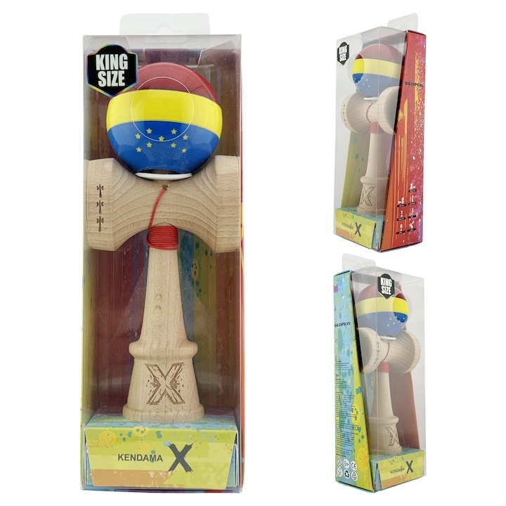 Kendama profesionala din lemn, editie Tricolor si UE, Super Sticky, cupe mari King Size V3, rulment metalic, gaura in baza, 18 cm, multicolor [2]