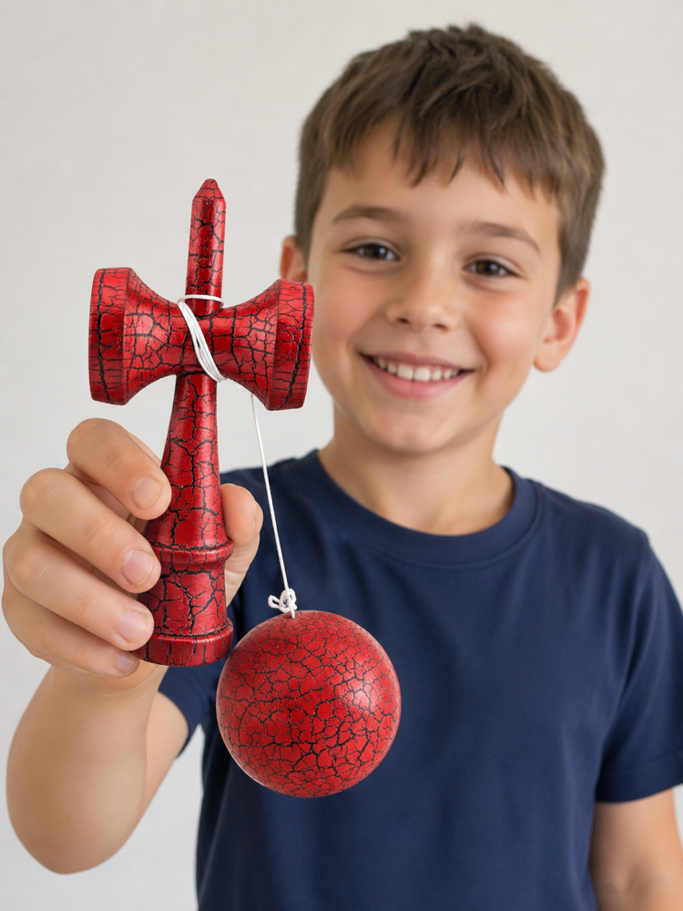Kendama rosu-negru 18 cm din lemn cu bila si snur [4]