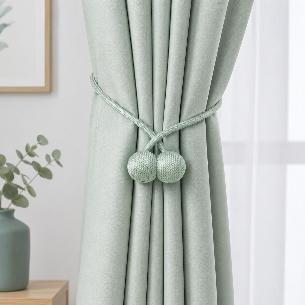 Kit 2 accesorii magnetice pentru prinderea perdelelor si draperiilor, snur textil, 44 cm, verde menta [4]