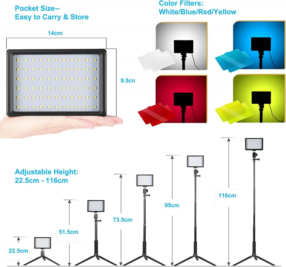 Kit 2 mini panouri LED Neewer, lumina ajustabila din filtre, cap bila 360 grade inclus, trepiezi-stativi reglabili 116 cm, 8 filtre de culoare multicolore [2]