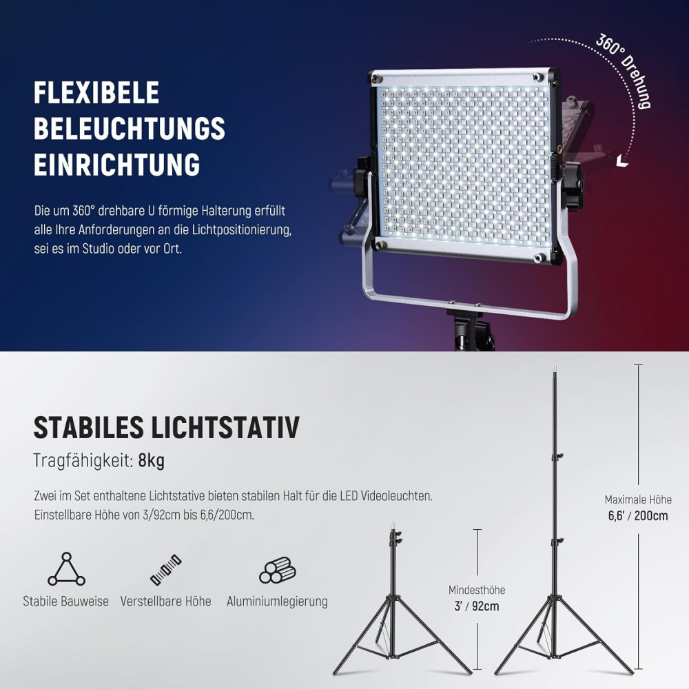 Kit 2 Panouri Neewer RGB PRO 660 LED, trepiezi reglabili 200 cm, gentute de transport incluse [4]