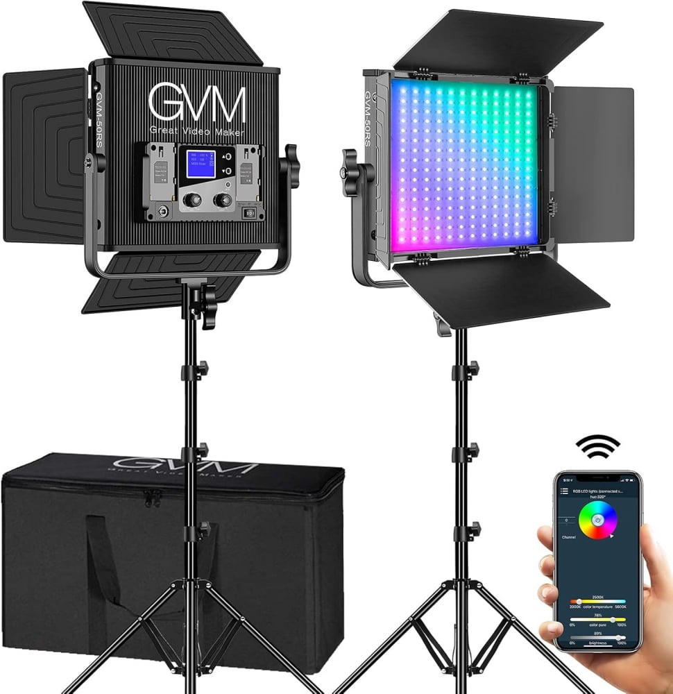 Kit 2 Panouri RGB, GVM 50RS, 384 LED, trepiezi 200 cm inclusi, geanta transport si accesorii