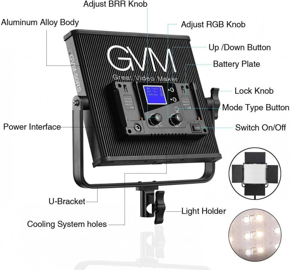 Kit 2 Panouri RGB, GVM 50RS, 384 LED, trepiezi 200 cm inclusi, geanta transport si accesorii [5]