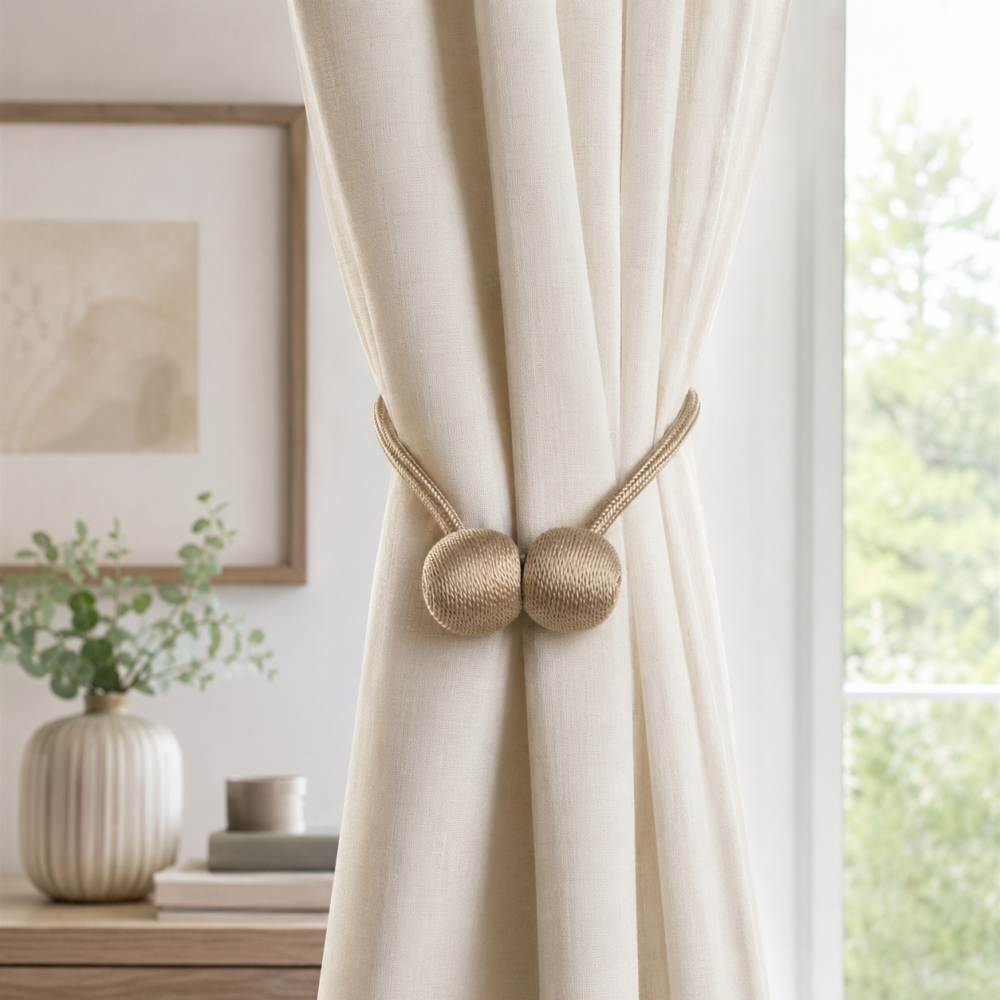 Kit 2 prinderi magnetice pentru perdele si draperii, snur impletit, poliester, 44 cm, bej antichizat [2]