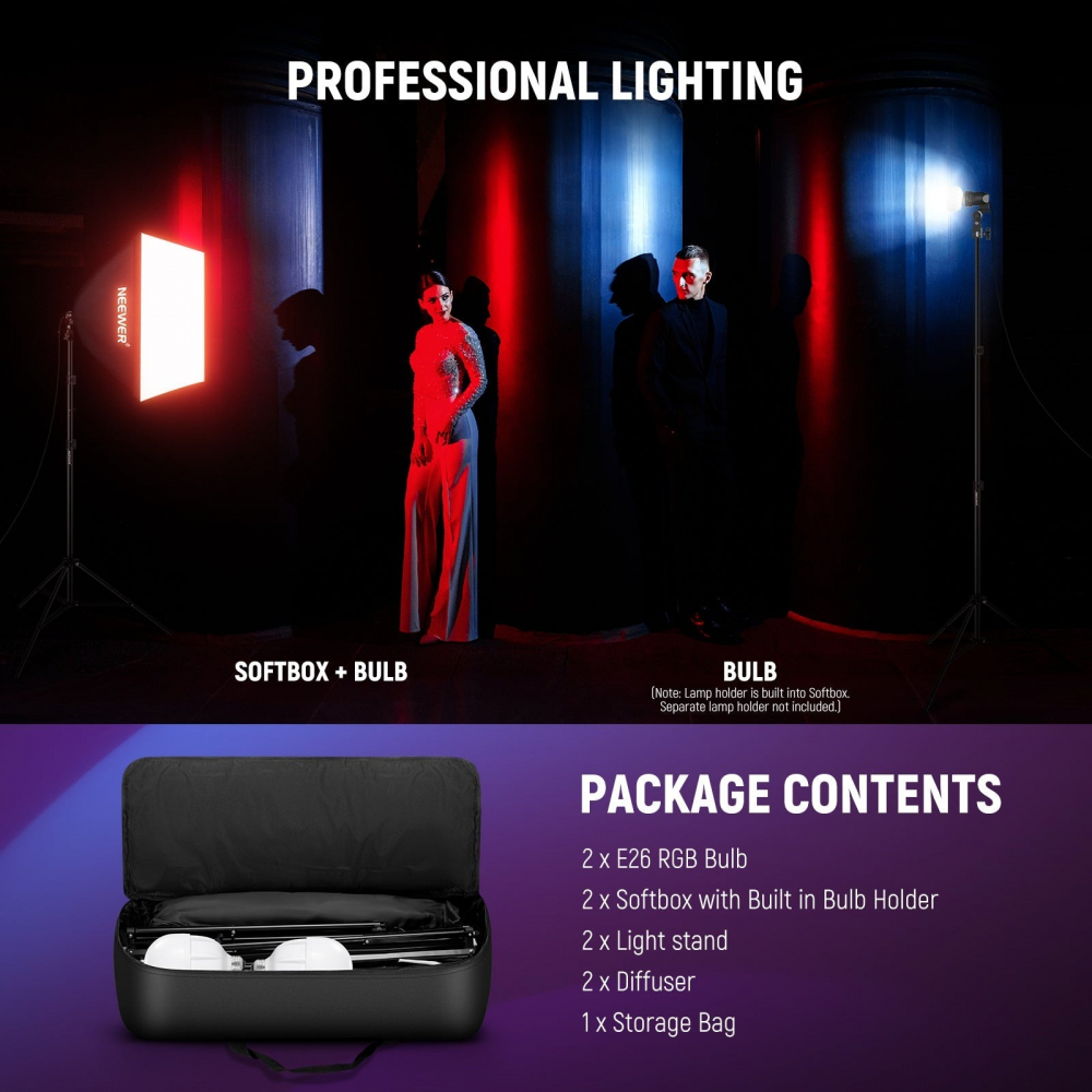 Kit 2 softbox Neewer, becuri LED RGB 24W, trepiezi 200 cm, geanta transport, control prin aplicatie [2]