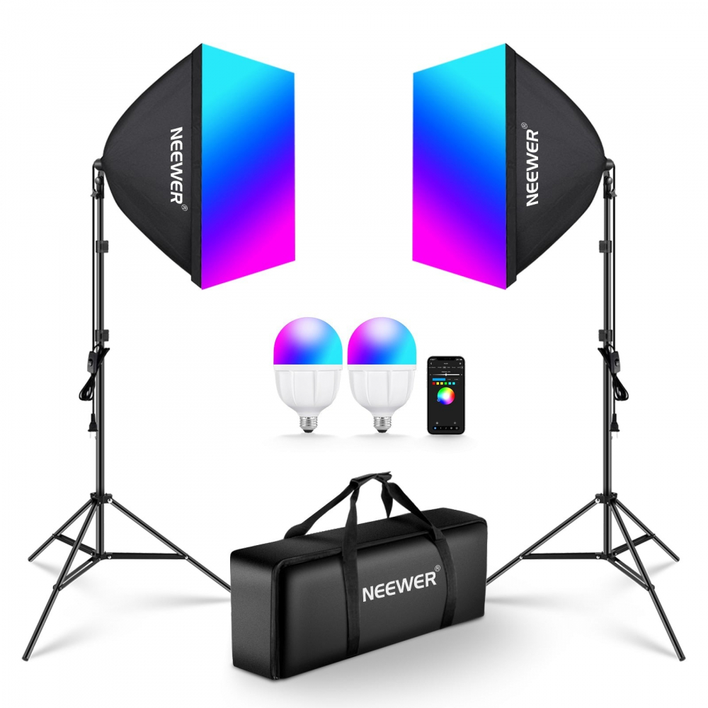 Kit 2 softbox Neewer, becuri LED RGB 24W, trepiezi 200 cm, geanta transport, control prin aplicatie