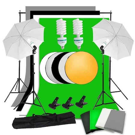 Kit studio foto,2 umbrele,suport fundal 2x3 m,4 panze fundal,becuri 135W,reflector 5in1 + geanta transport