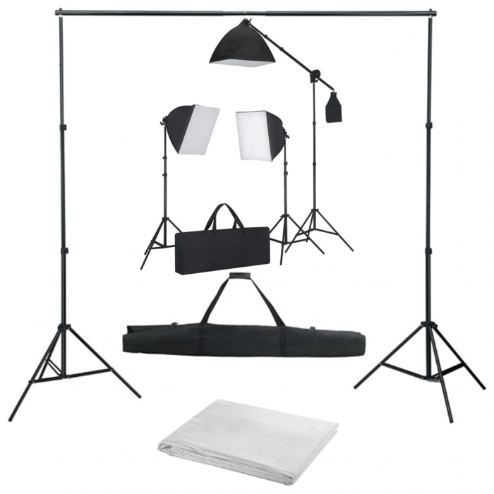 Kit foto studio,3 lumini softbox,suport fundal 2x3m,3x bec 150W, panza fundal alb 2x3m, macara + geanta transport