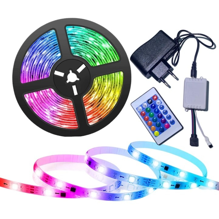 Kit banda led RGB, 5m, 270 de leduri, cu telecomanda, rezistent la apa, multicolor [2]