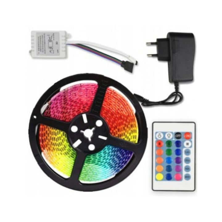 Kit banda led RGB, 5m, 270 de leduri, cu telecomanda, rezistent la apa, multicolor