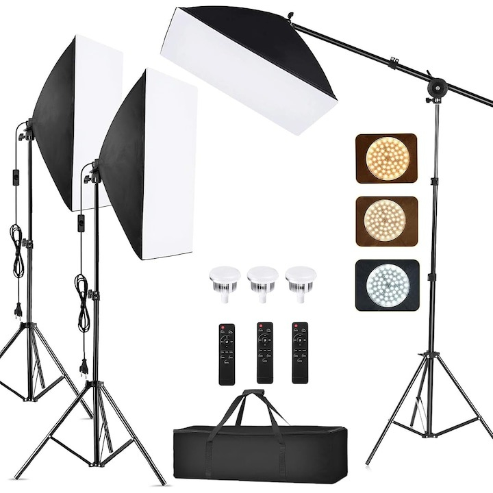 Kit de 3 softboxuri cu macara, 3 trepiezi reglabili 200 cm, 3 becuri LED 105W cu telecomanda si geanta transport