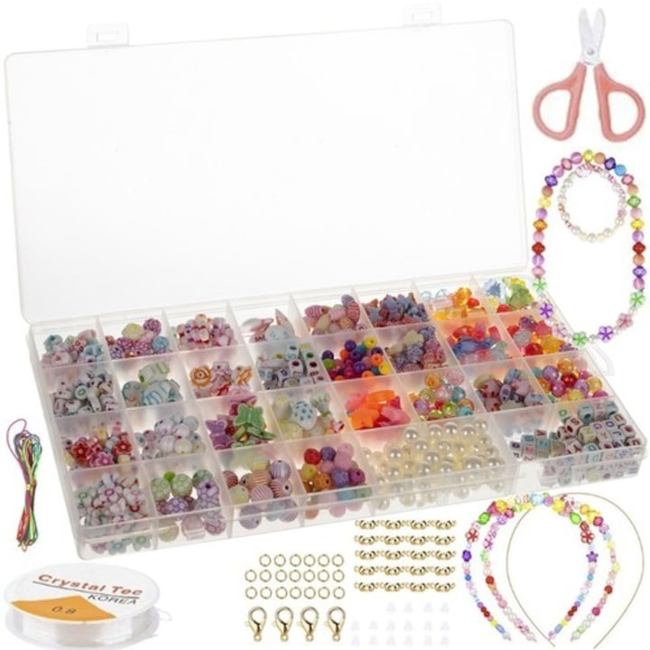 Kit de confectionare bratari, 30 tipuri de margele, 900 piese, rola cu fir, mini brelocuri, foarfeca, 27x13x2.5 cm - Multicolor