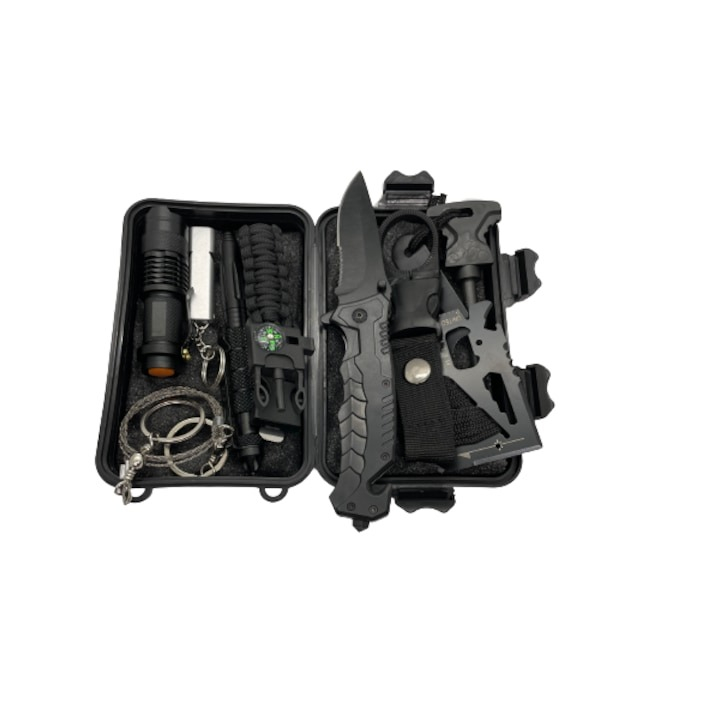 Kit de supravietuire, multifunctional, 9in1, ideal pentru pentru camping, drumetii, 11 x 16.5 x 5 cm, negru [2]