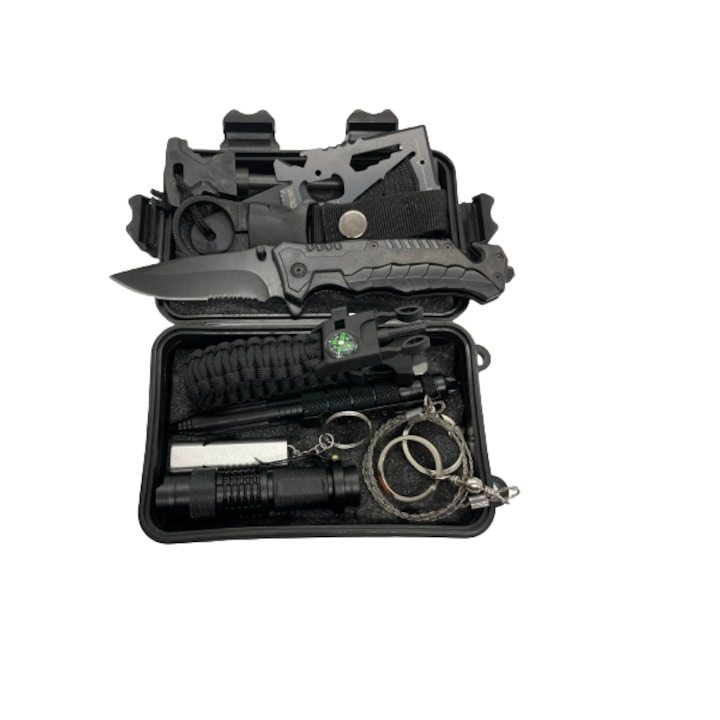 Kit de supravietuire, multifunctional, 9in1, ideal pentru pentru camping, drumetii, 11 x 16.5 x 5 cm, negru