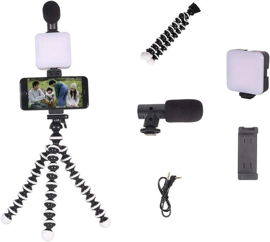 Kit de vlogging pentru telefon camera, trepied flexibil, panou LED, suport telefon, microfon si telecomanda [3]