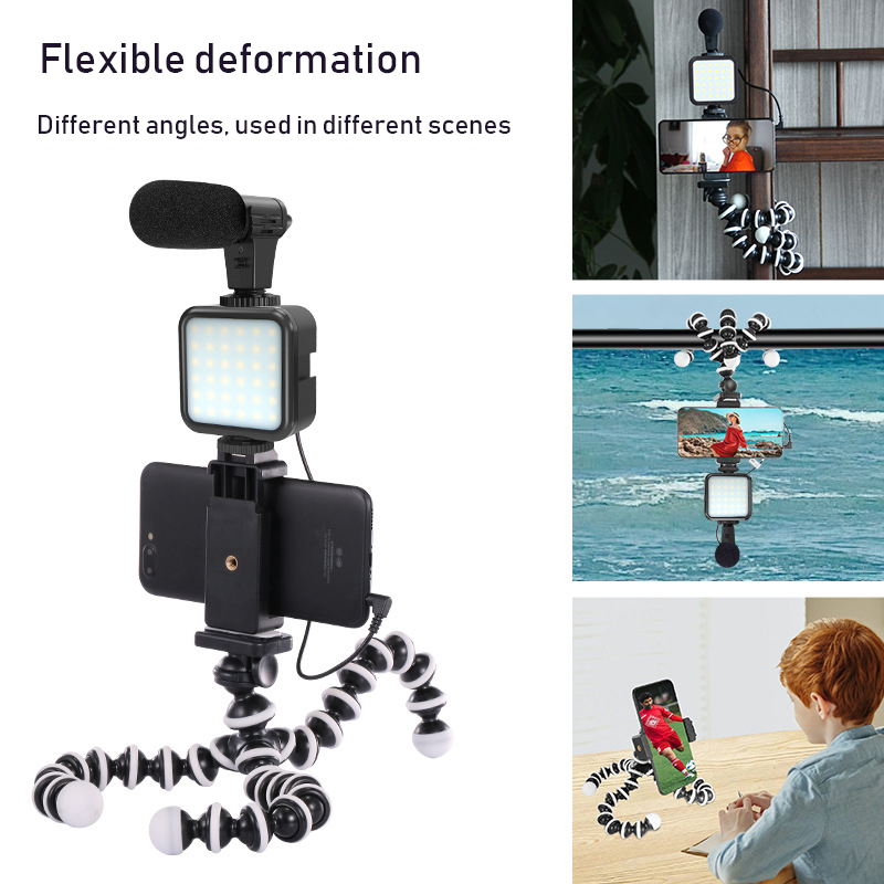 Kit de vlogging pentru telefon camera, trepied flexibil, panou LED, suport telefon, microfon si telecomanda [7]