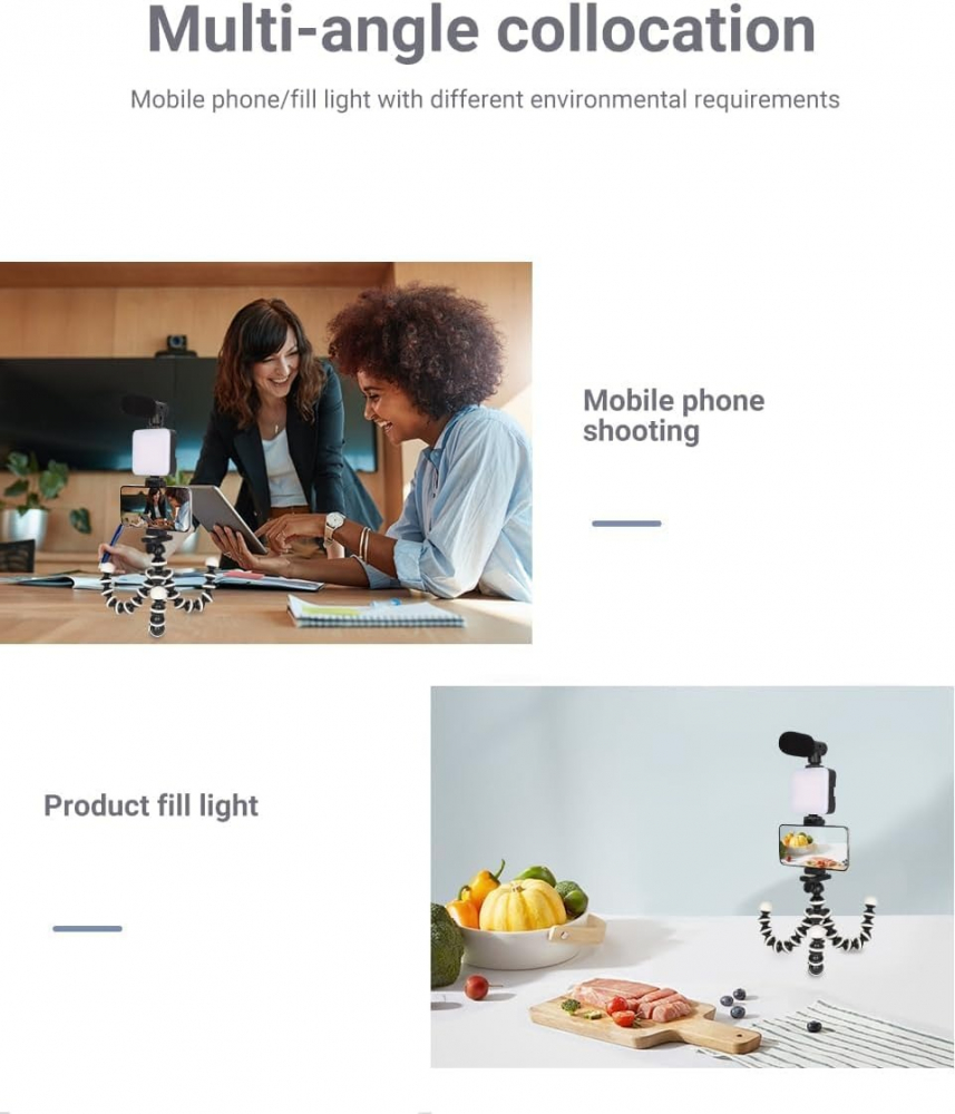 Kit de vlogging pentru telefon camera, trepied flexibil, panou LED, suport telefon, microfon si telecomanda [11]