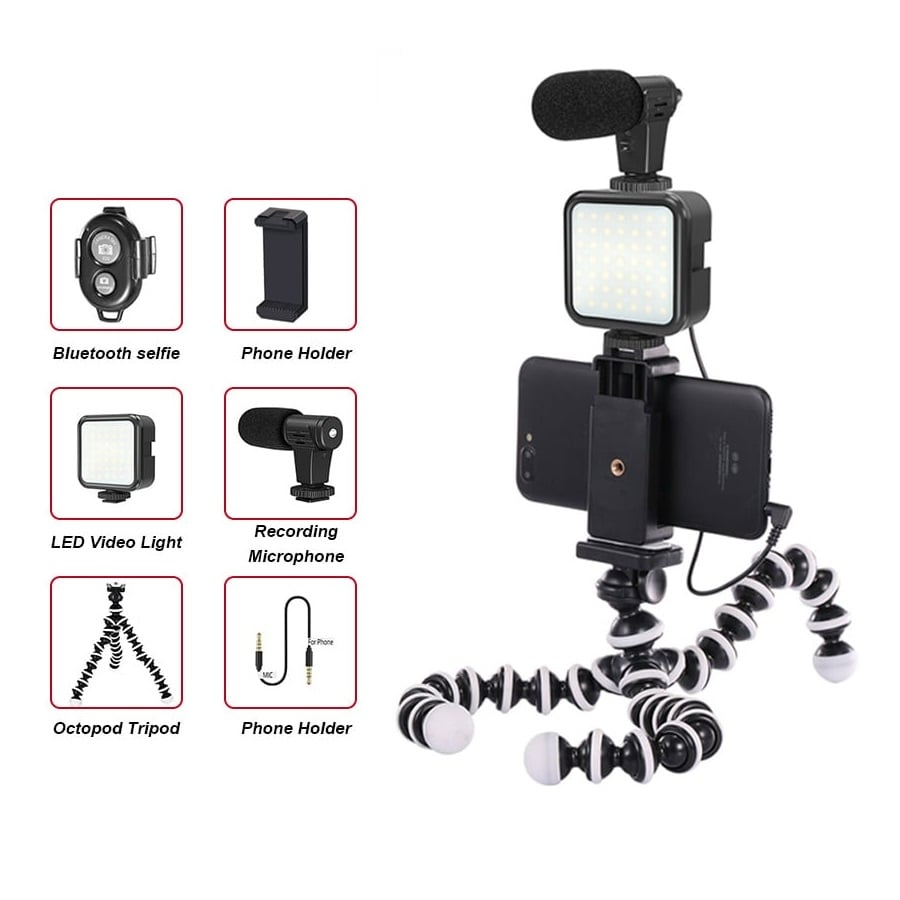 Kit de vlogging pentru telefon camera, trepied flexibil, panou LED, suport telefon, microfon si telecomanda