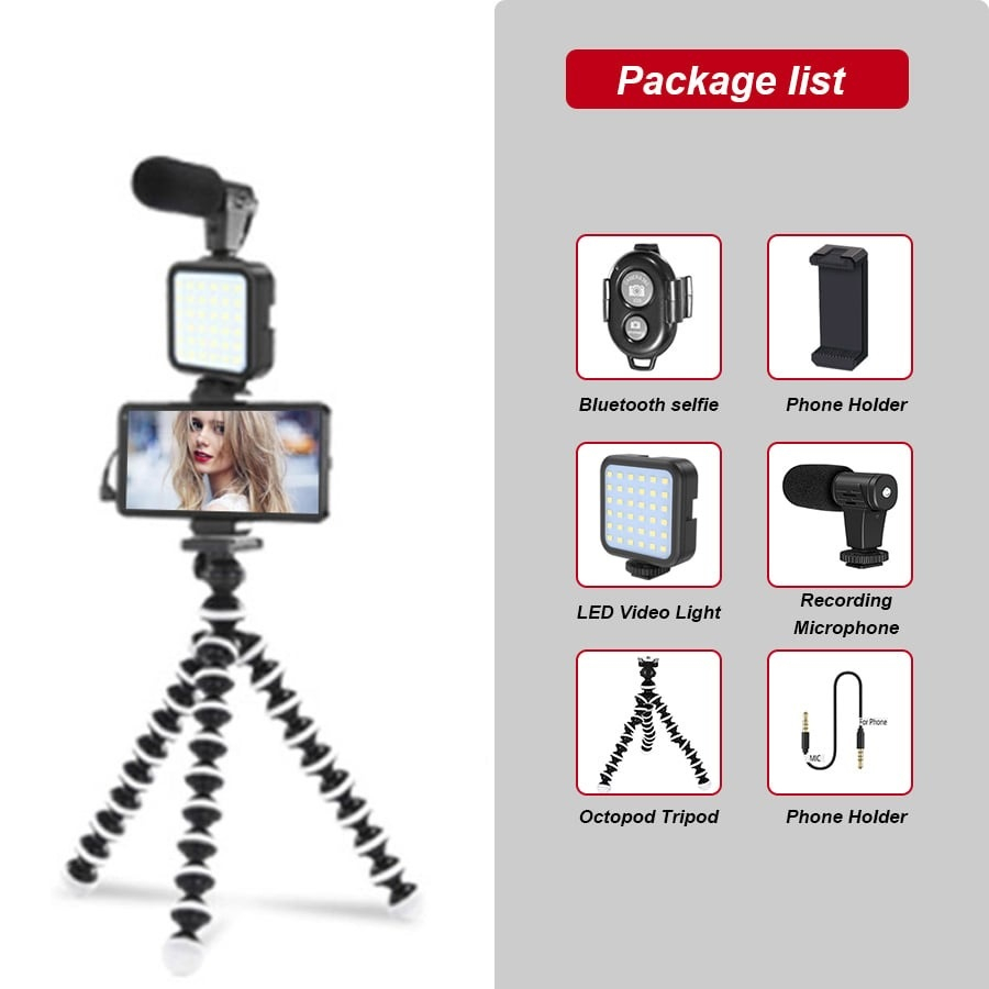 Kit de vlogging pentru telefon camera, trepied flexibil, panou LED, suport telefon, microfon si telecomanda [2]