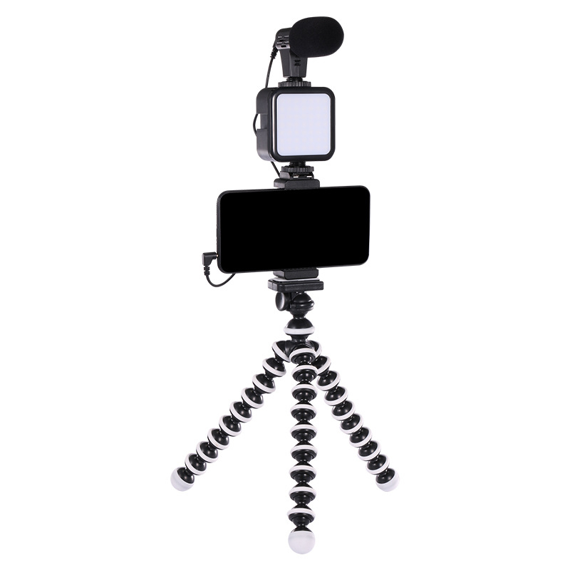 Kit de vlogging pentru telefon camera, trepied flexibil, panou LED, suport telefon si microfon