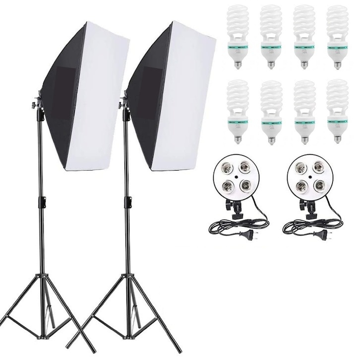 Kit de 2 softboxuri, soclu de 4 becuri, 2 trepiezi reglabili 200 cm, 8 becuri de 150W