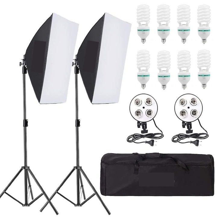 Kit de 2 softboxuri, soclu de 4 becuri, 2 trepiezi reglabili 200 cm, 8 becuri de 150W, geanta de transport inclusa