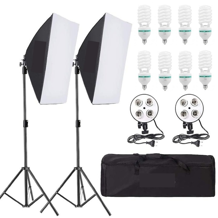 Kit de 2 softboxuri, soclu de 4 becuri, 2 trepiezi reglabili 200 cm, 8 becuri de 85W, geanta de transport inclusa