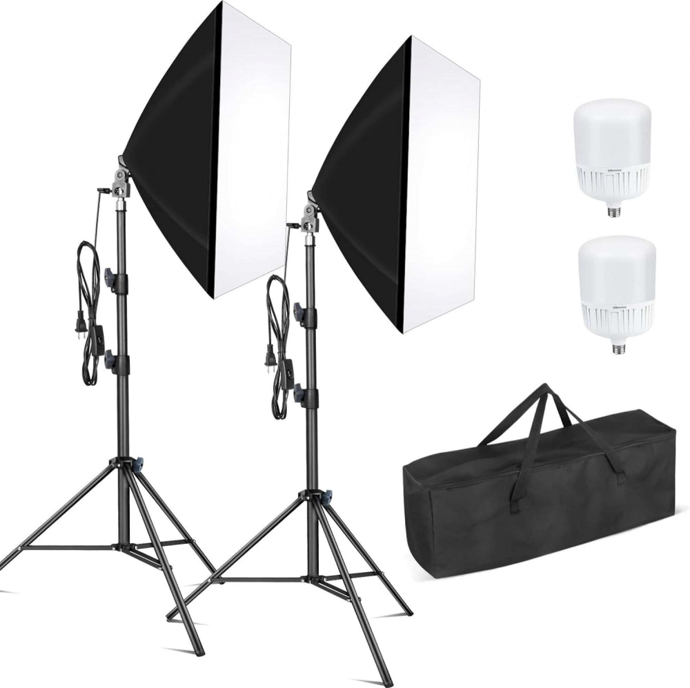 Kit de 2 softboxuri, 2 trepiezi reglabili 200 cm, 2 becuri LED 35W, geanta de transport inclusa