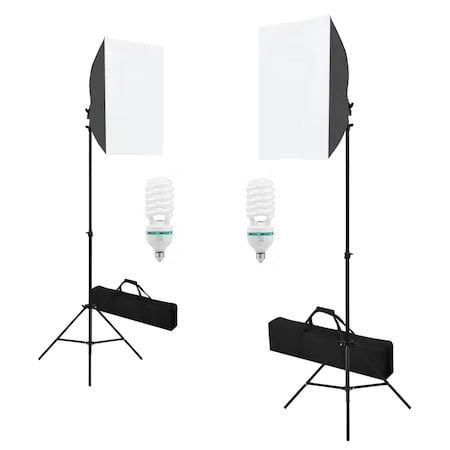 Kit de 2 softboxuri, 2 trepiezi reglabili 200 cm, 2 becuri foto 45W, 2 genti de transport incluse