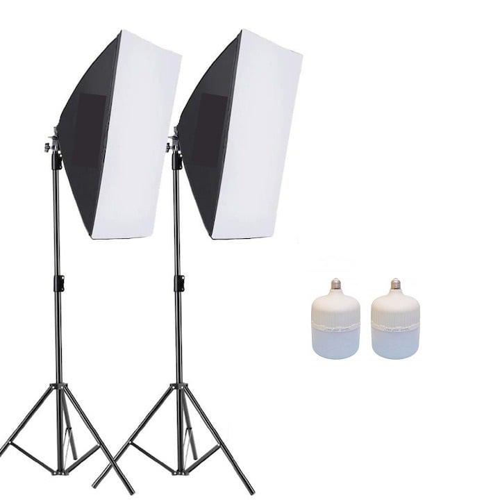 Kit de 2 softboxuri, 2 trepiezi reglabili 200 cm, 2 becuri LED 50W