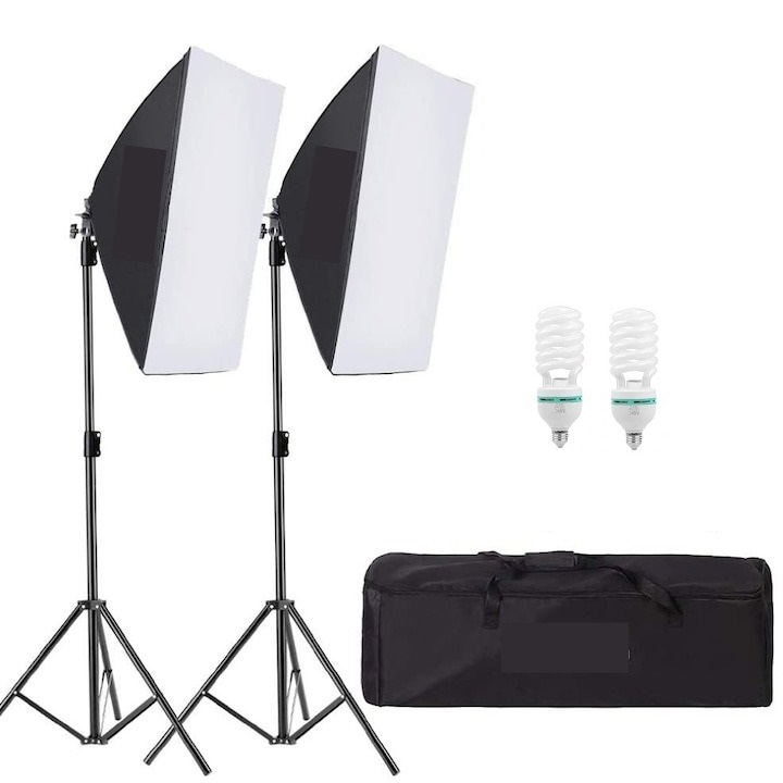 Kit de 2 softboxuri, 2 trepiezi reglabili 200 cm, 2 becuri 85W, geanta de transport inclusa