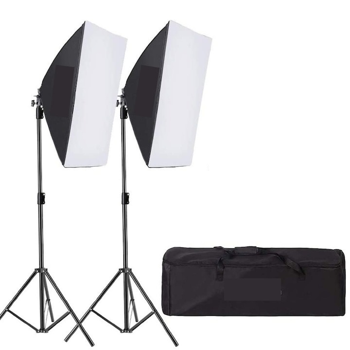 Kit de 2 softboxuri, 2 trepiezi reglabili 200 cm, fara becuri, geanta de transport inclusa