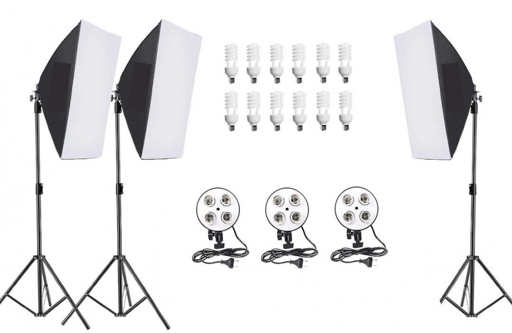 Kit de 3 softboxuri, soclu de 4 becuri, 3 trepiezi reglabili 200 cm, 12 becuri de 45W