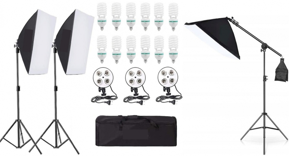 Kit de 3 softboxuri cu macara, soclu de 4 becuri, 3 trepiezi reglabili 200 cm, 12 becuri de 85W, geanta de transport inclusa