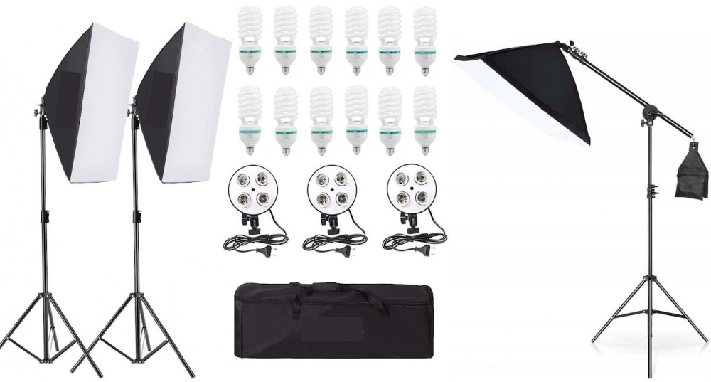 Kit de 3 softboxuri cu macara, soclu de 4 becuri, 3 trepiezi reglabili 200 cm, 12 becuri de 150W, geanta de transport inclusa