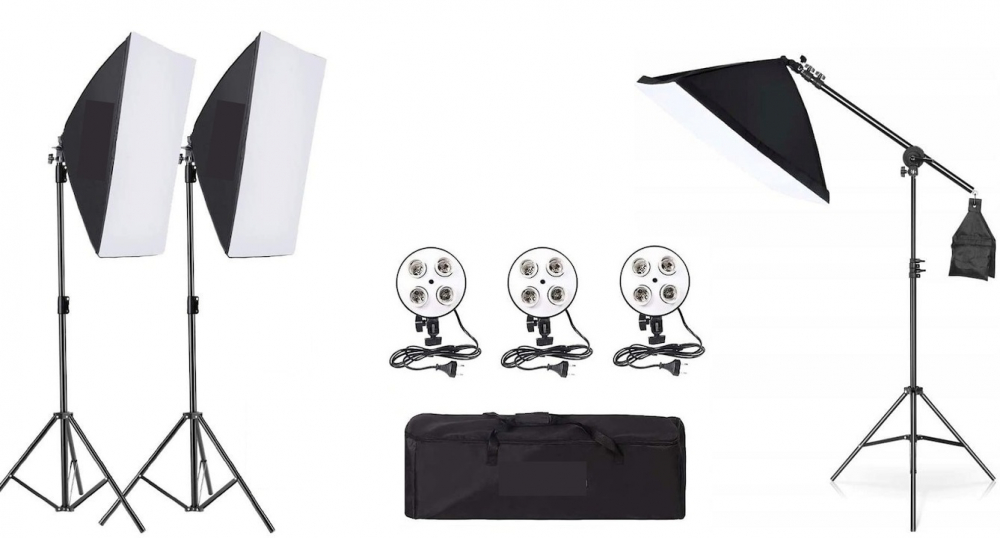 Kit de 3 softboxuri cu macara, soclu de 4 becuri, 3 trepiezi reglabili 200 cm, fara becuri, geanta de transport inclusa